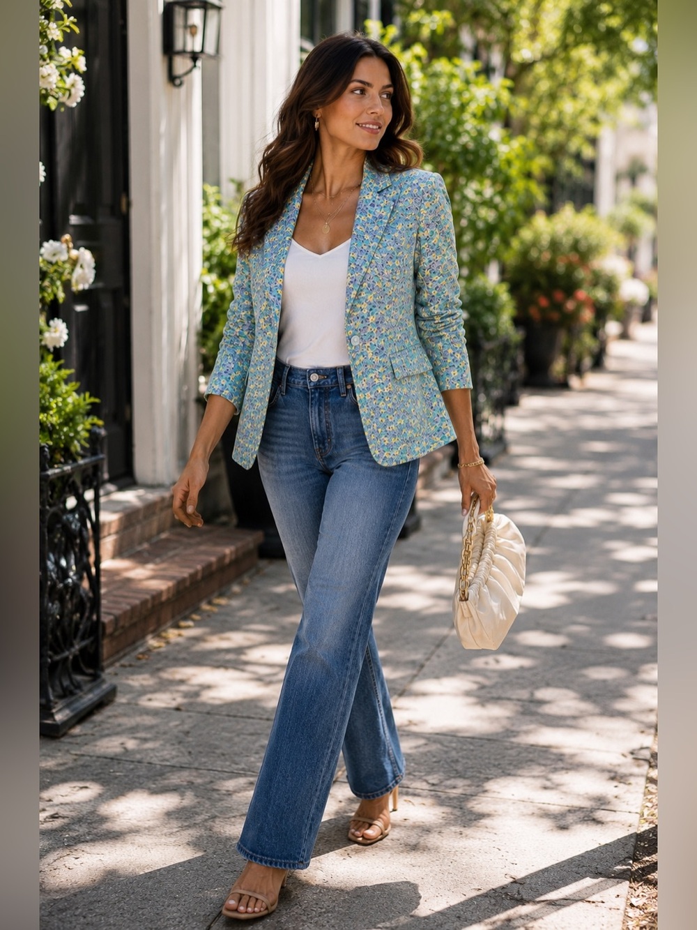 David Brooks Petite Floral Cotton Embroidered Blazer Blue Yellow Jacket PS